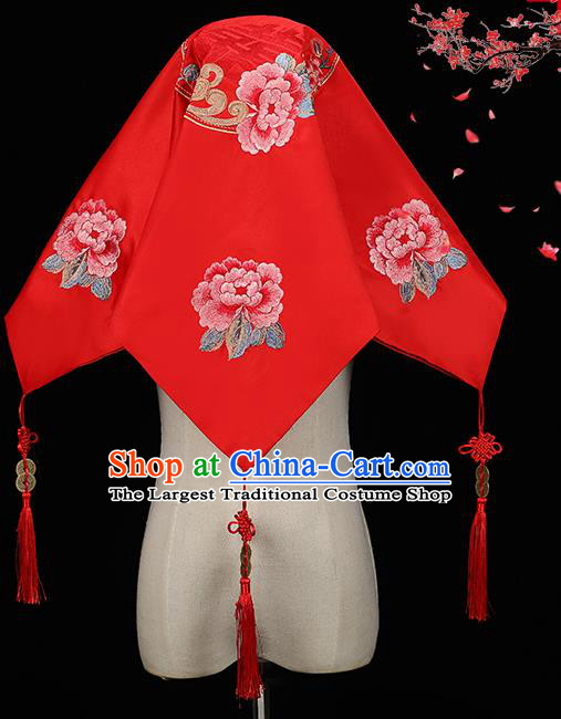 China Bride Red Veil Xiuhe Suit Embroidered Peony Headdress Traditional Wedding Headwear