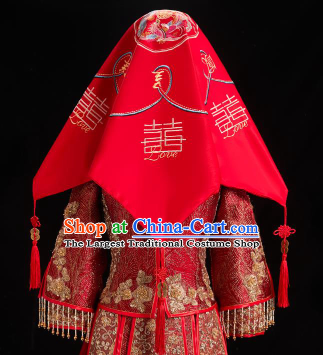 China Traditional Wedding Headdress Embroidered Dragon Phoenix Bridal Veil Xiuhe Suit Red Satin Kerchief