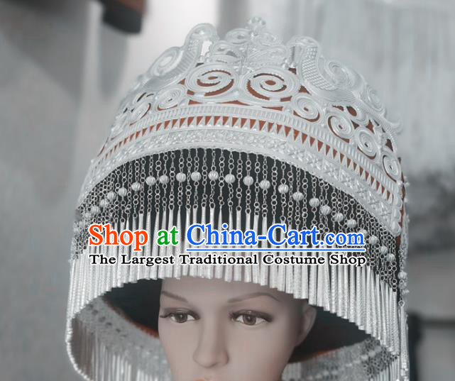 Chinese Liangshan Ethnic Ceremony Headwear Traditional Yi Nationality Wedding Bride Silver Tassel Hat