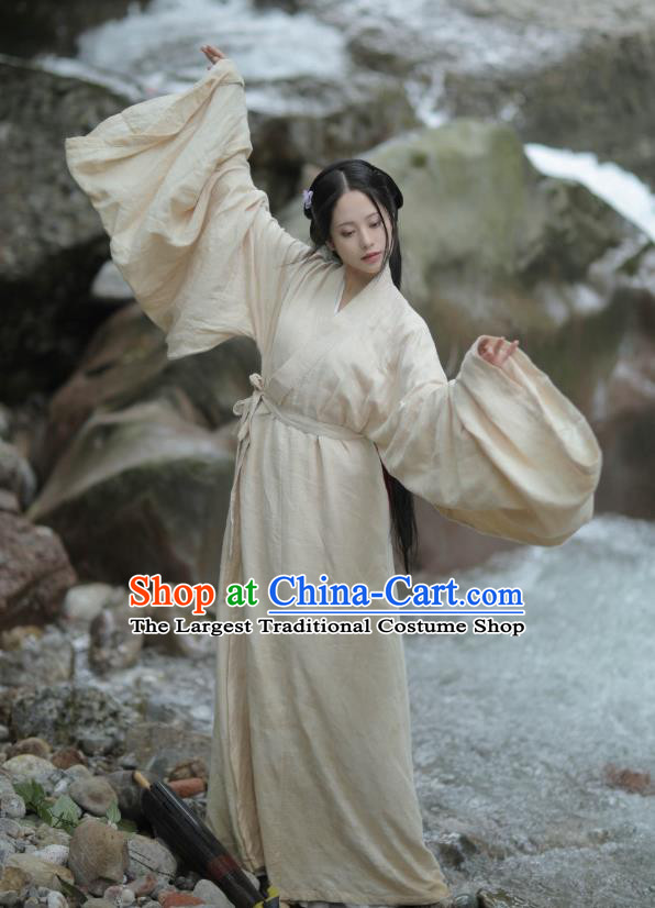 China Ancient Country Woman Beige Hanfu Dress Traditional Jin Dynasty Village Lady Historical Costume