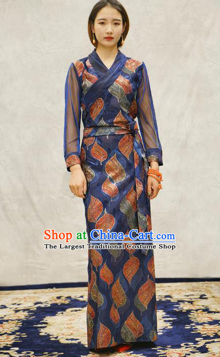 China Zang Nationality Minority Informal Clothing Tibetan Ethnic Printing Leaf Blue Bola Dress