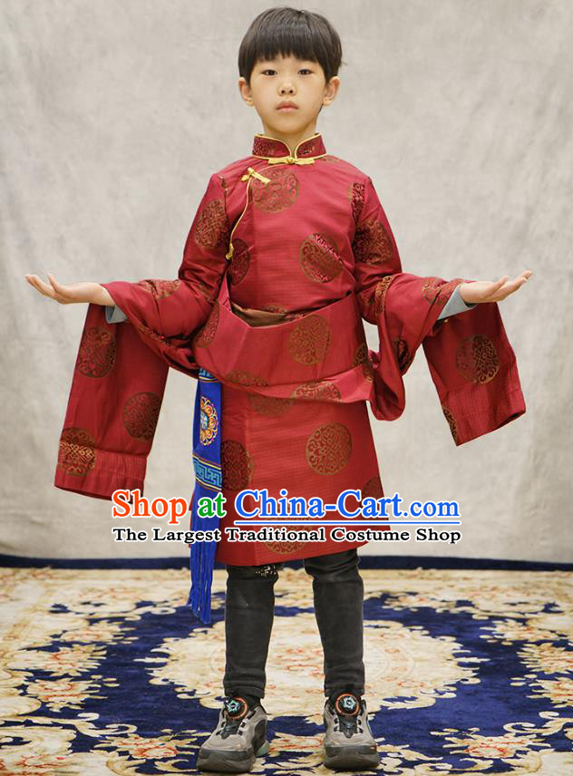 Chinese Zang Nationality Boys Costumes Tibetan Ethnic Children Red Brocade Uniforms