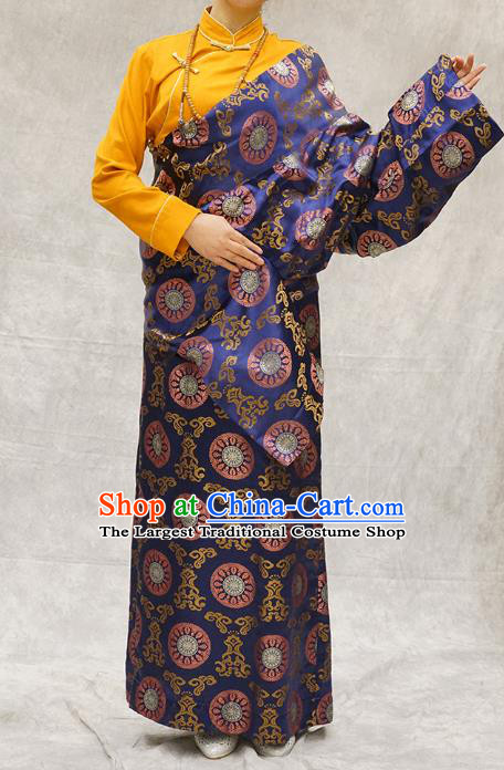 China Zang Nationality Clothing Ethnic Woman Stage Performance Costume Deep Blue Brocade Tibetan Robe