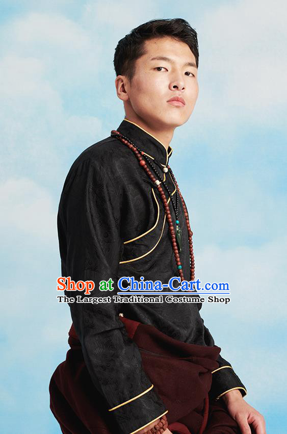 Chinese Zang Nationality Upper Outer Garment Clothing Tibetan Ethnic Black Brocade Shirt for Men