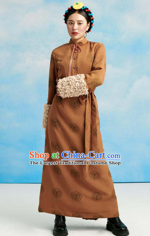 China Zang Nationality Ginger Lamb Wool Bola Dress Clothing Tibetan Ethnic Woman Winter Costume