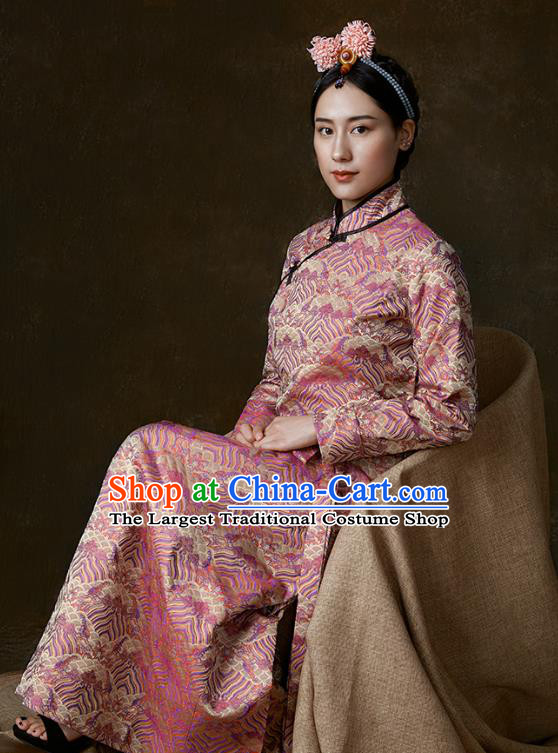 China Traditional Tibetan Ethnic Stage Performance Clothing Zang Nationality Pink Brocade Bola Dress