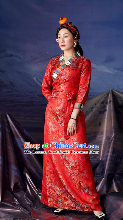 China Tibetan Ethnic Woman Stage Performance Costume Zang Nationality Red Brocade Bola Dress Clothing