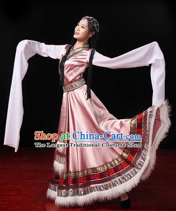 China Traditional Zang Ethnic Stage Performance Clothing Tibetan Nationality Pink Dress Outfits