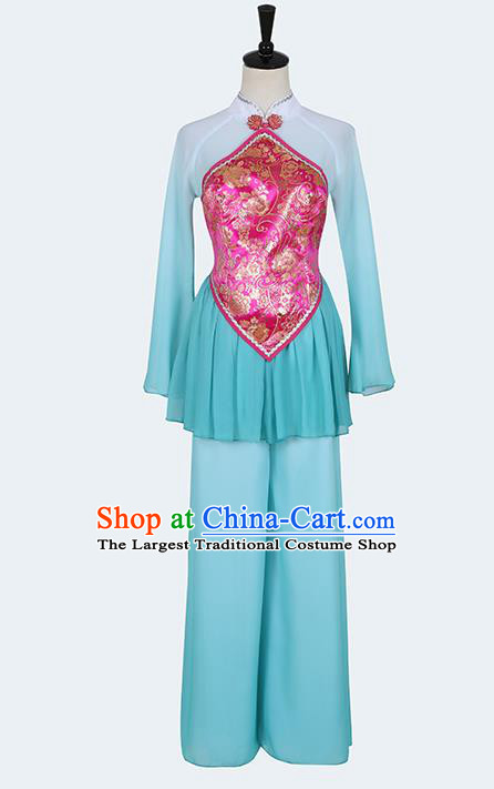 Chinese Folk Dance Blue Outfits Fan Dance Yangko Stage Performance Clothing