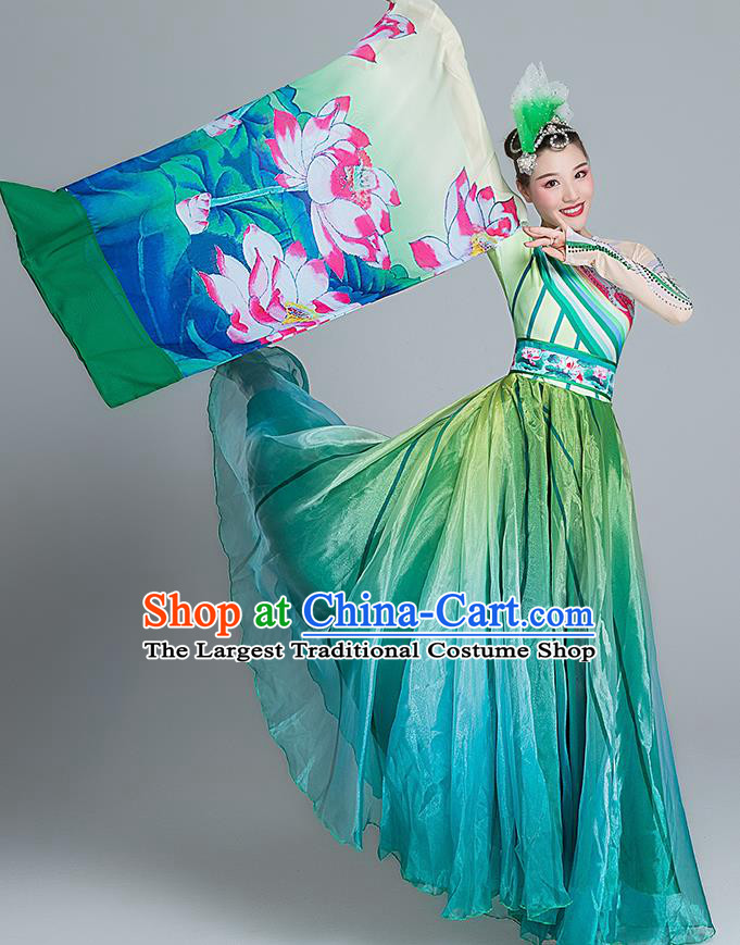 China Lotus Dance Green Dress Group Dance Stage Performance Costume Classical Dance Clothing