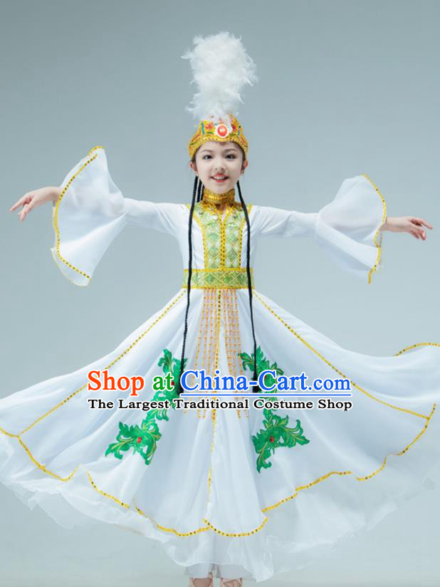 Chinese Traditional Uygur Nationality Performance White Dress Xinjiang Ethnic Girl Dance Clothing