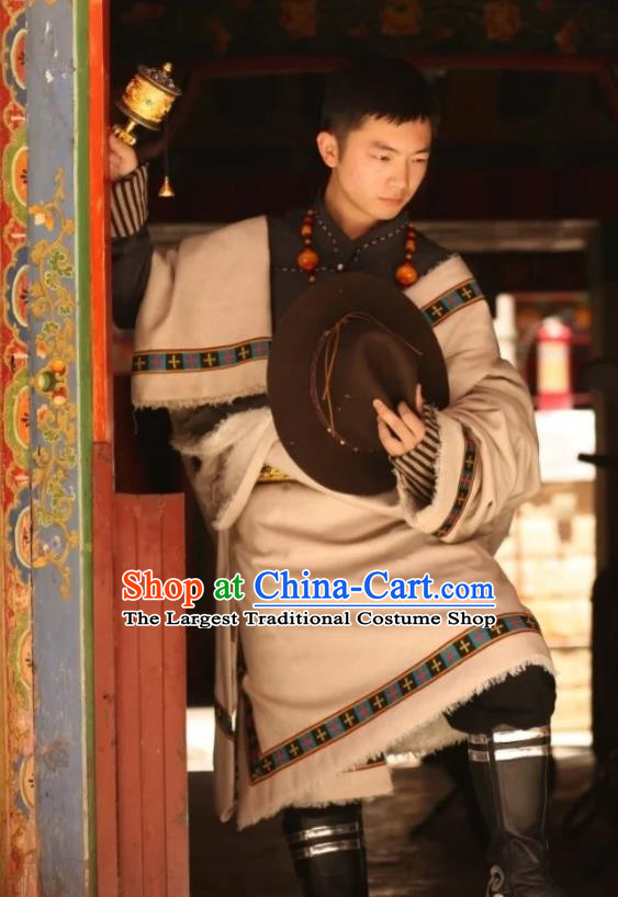 Chinese Xizang Ethnic Minority Beige Tibetan Robe Traditional Zang Nationality Folk Dance Costumes