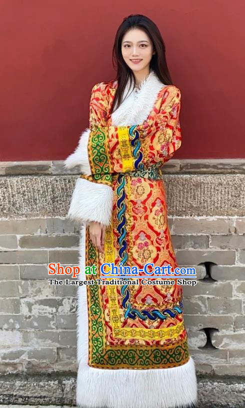 China Zang Nationality Wedding Red Brocade Robe Traditional Xizang Tibetan Minority Bride Clothing