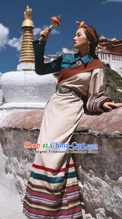 China Zang Nationality Female Blouse and Beige Robe Traditional Xizang Tibetan Minority Folk Dance Clothing