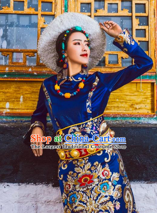 China Zang Nationality Stage Performance Clothing Traditional Xizang Tibetan Minority Wedding Bride Royalblue Brocade Robe