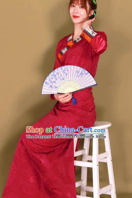 China Zang Nationality Stage Performance Clothing Traditional Xizang Tibetan Minority Folk Dance Red Bola Dress