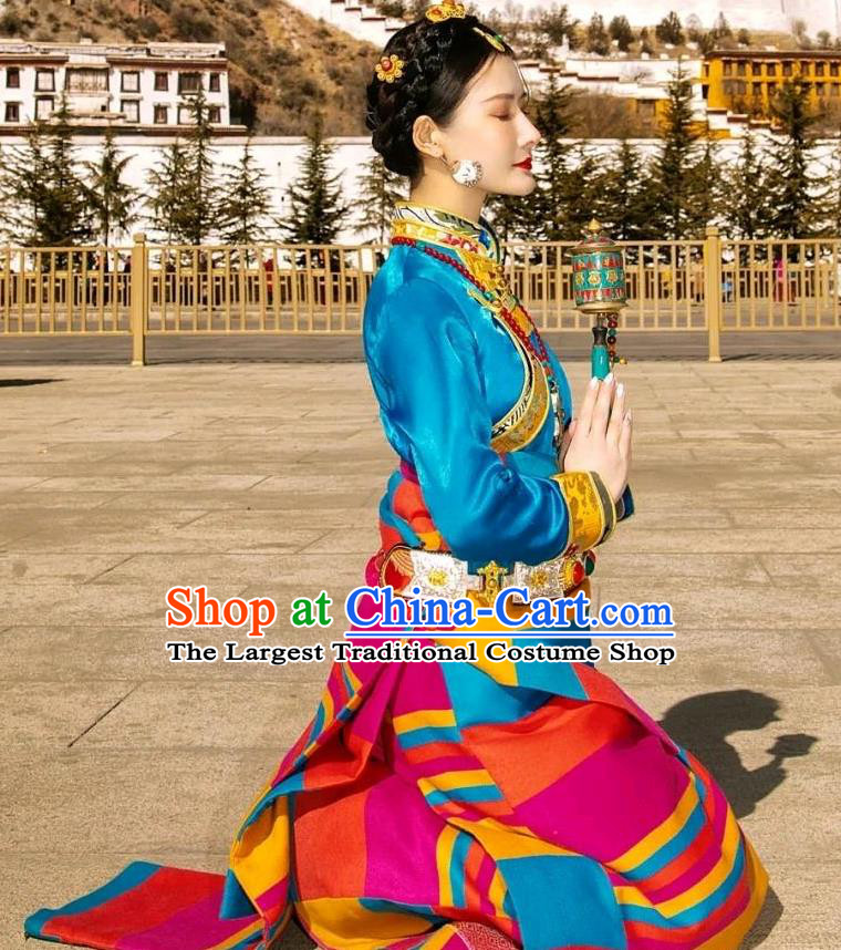 China Zang Nationality Stage Performance Clothing Traditional Xizang Tibetan Minority Blue Blouse and Rosy Robe Outfits