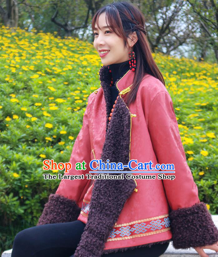 Chinese Traditional Tibetan Ethnic Lamb Wool Outer Garment Clothing Zang Nationality Watermelon Red Leather Jacket