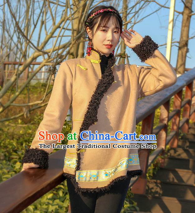 Chinese Traditional Winter Lamb Wool Outer Garment Tibetan Ethnic Khaki Leather Jacket Zang Nationality Clothing