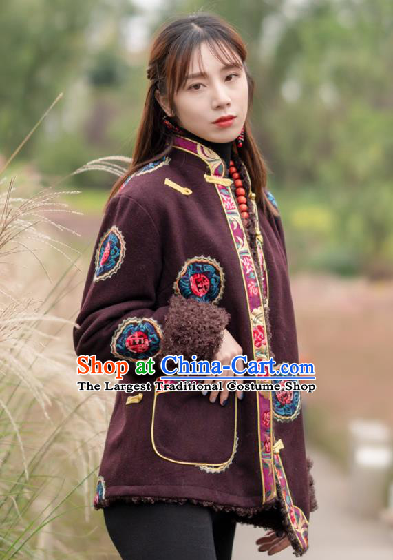 Chinese Tibetan Ethnic Embroidered Wine Red Jacket Zang Nationality Winter Clothing Traditional Lamb Wool Outer Garment