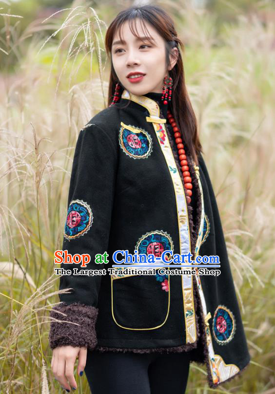 Chinese Traditional Lamb Wool Outer Garment Tibetan Ethnic Embroidered Black Jacket Zang Nationality Winter Clothing