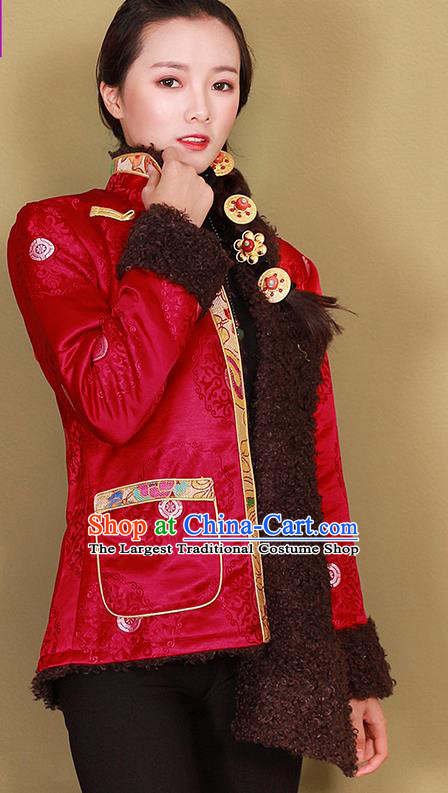 Chinese Traditional Zang Nationality Woman Outer Garment Clothing Tibetan Ethnic Red Brocade Cotton Wadded Jacket