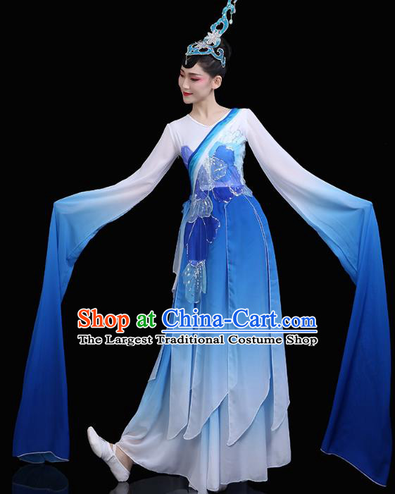 Chinese Traditional Woman Group Lotus Dance Costume Classical Dance Clothing Water Sleeve Dance Blue Dress