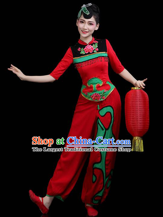 China Traditional Folk Dance Stage Performance Red Outfits Yangko Dance Fan Dance Clothing