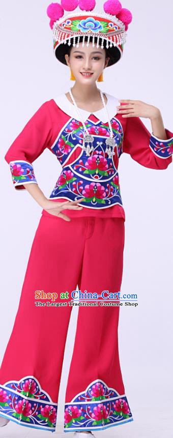 Chinese Liangshan Ethnic Stage Performance Rosy Outfits Traditional Yi Nationality Folk Dance Costumes