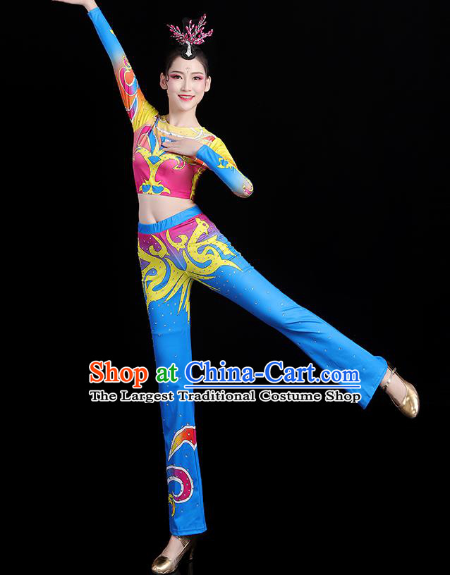 China Aerobics Bodybuilding Competition Clothing Group Dance Costume Cheerleading Girl Blue Outfits