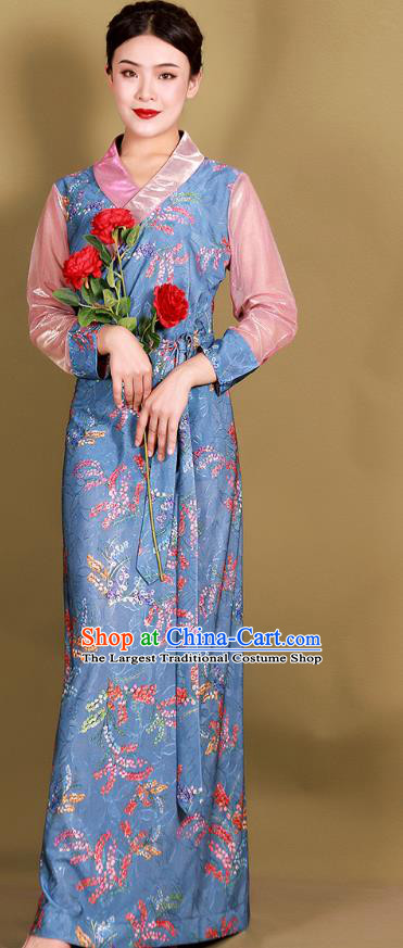 China Tibetan Kangba Woman Blue Bola Dress Traditional Zang Nationality Minority Clothing