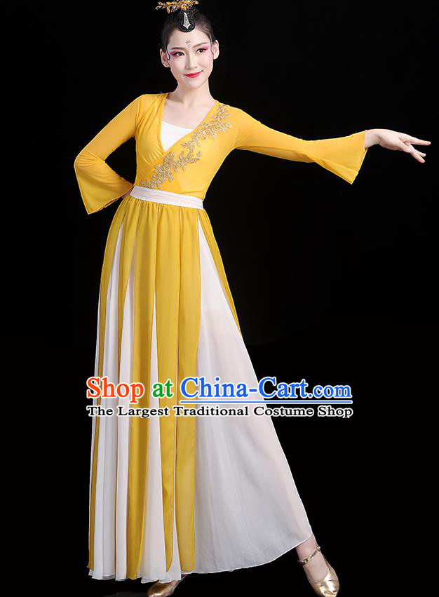 Chinese Classical Dance Yellow Dress Traditional Stage Performance Fan Dance Clothing