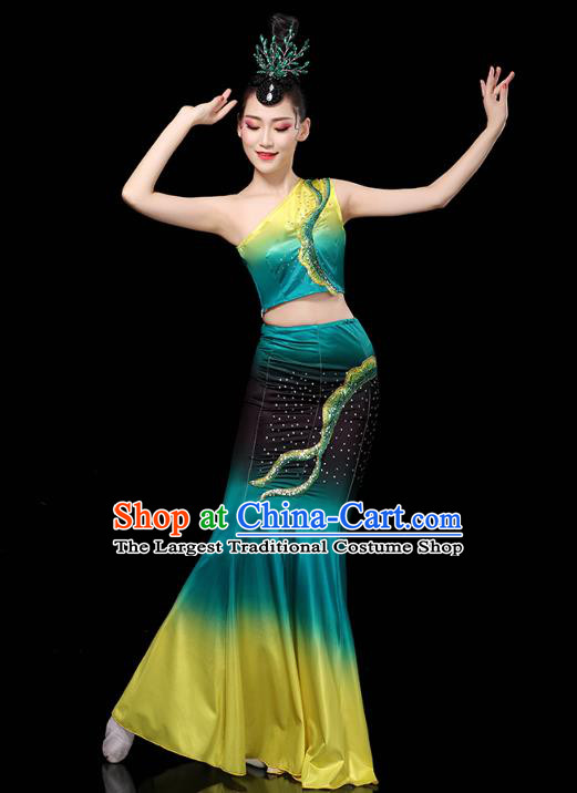 Chinese Yunnan Ethnic Stage Performance Green Dress Traditional Dai Nationality Peacock Dance Costumes