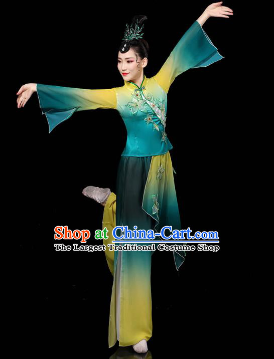 China Yangko Dance Performance Clothing Traditional Fan Dance Costume Folk Dance Embroidered Green Outfits