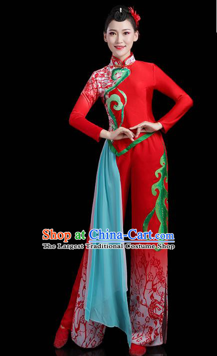 China Lantern Festival Yangko Dance Clothing Traditional Folk Dance Fan Dance Red Outfits