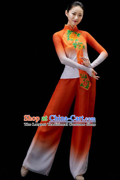 China Traditional Folk Dance Yangko Dance Orange Outfits Fan Dance Embroidered Clothing