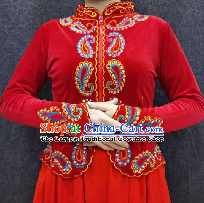 China Xinjiang Performance Red Velvet Blouse Traditional Uygur Nationality Dance Shirt Ethnic Woman Clothing