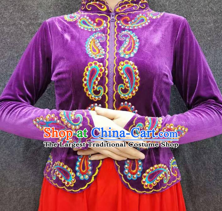 China Ethnic Folk Dance Clothing Xinjiang Woman Purple Velvet Blouse Traditional Uygur Nationality Upper Outer Garment