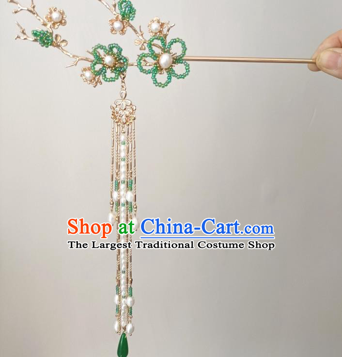 China Traditional Hanfu Hair Accessories Ancient Princess Green Beads Plum Tassel Hairpin