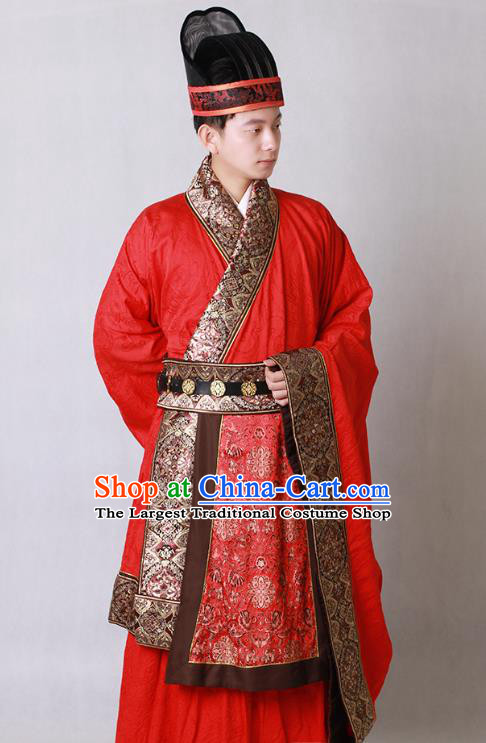 China Traditional Tang Dynasty Wedding Historical Clothing Ancient Noble Childe Red Hanfu Garments and Hat for Men