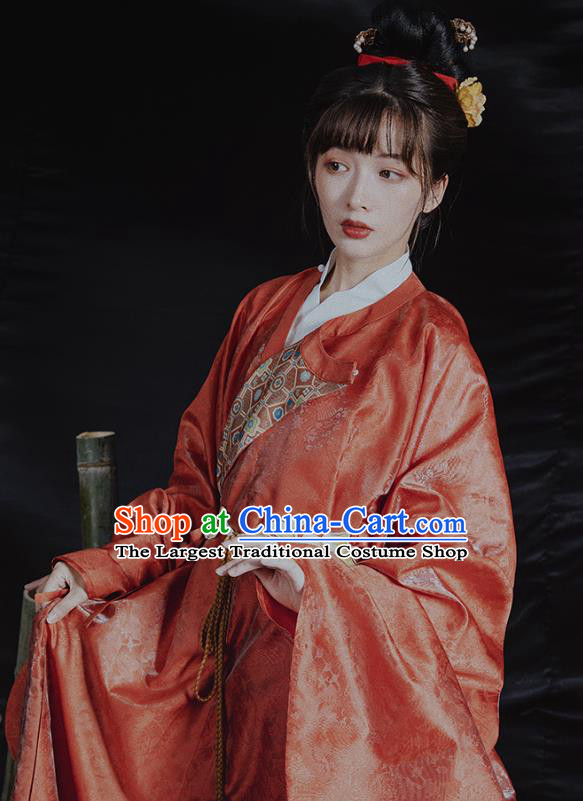 China Ancient Ming Dynasty Imperial Countess Historical Clothing Traditional Hanfu Red Brocade Robe