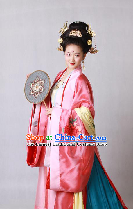 China Ancient Tang Dynasty Court Beauty Embroidered Hanfu Dress Wedding Historical Costumes and Headpieces Complete Set