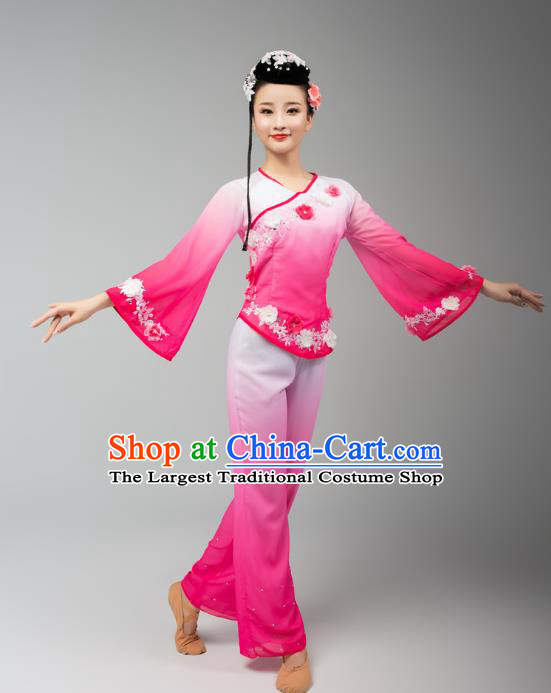 China Folk Dance Yangko Dance Pink Uniforms Fan Dance Stage Performance Clothing