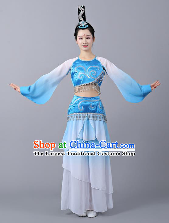 Chinese Traditional Classical Dance Performance Costumes Court Dance Blue Hanfu Dress and Headdress