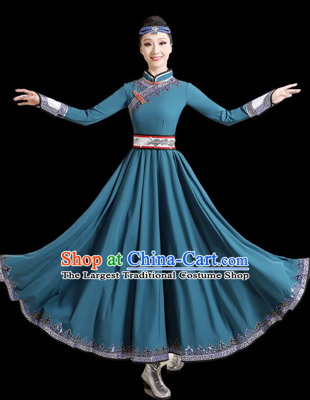 Chinese Ethnic Folk Dance Costume  Mongolian Dance Blue Dress Traditional Mongol Nationality Outfits