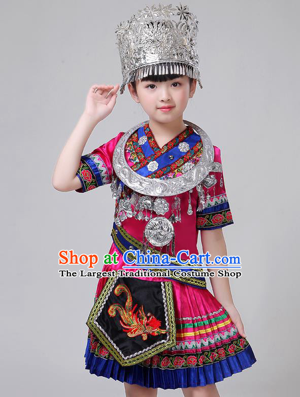 Chinese Tujia Ethnic Stage Performance Rosy Short Dress Outfits Yi Nationality Girl Festival Costumes