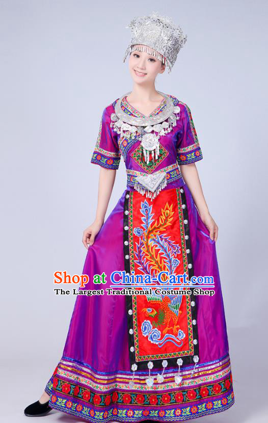 China Miao Minority Folk Dance Outfits Ethnic Stage Performance Purple Dress Yao Nationality Clothing and Headdress