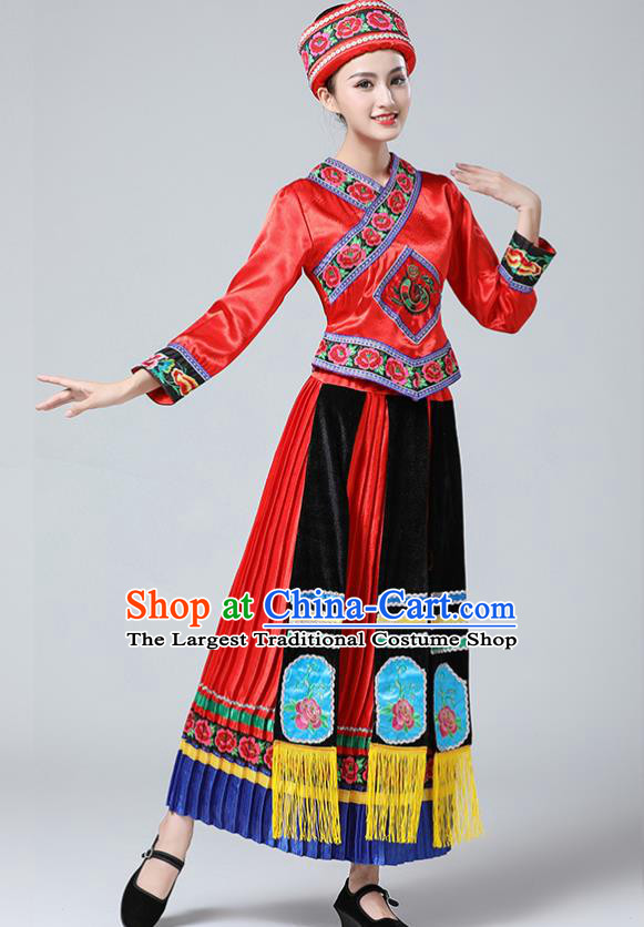 China Yi Minority Folk Dance Outfits Ethnic Stage Performance Red Dress Tujia Nationality Clothing and Hat