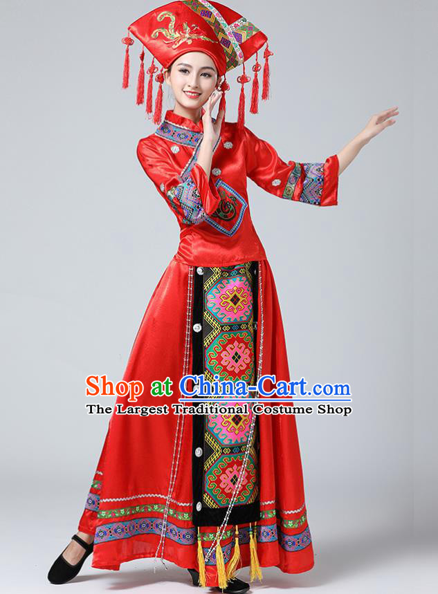 China Guangxi Minority Folk Dance Outfits Ethnic Stage Performance Red Dress Zhuang Nationality Wedding Clothing and Hat