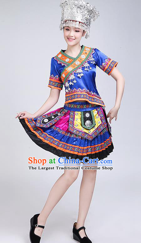 China Hmong Minority Outfits Ethnic Performance Royalblue Dress Miao Nationality Folk Dance Clothing and Headwear